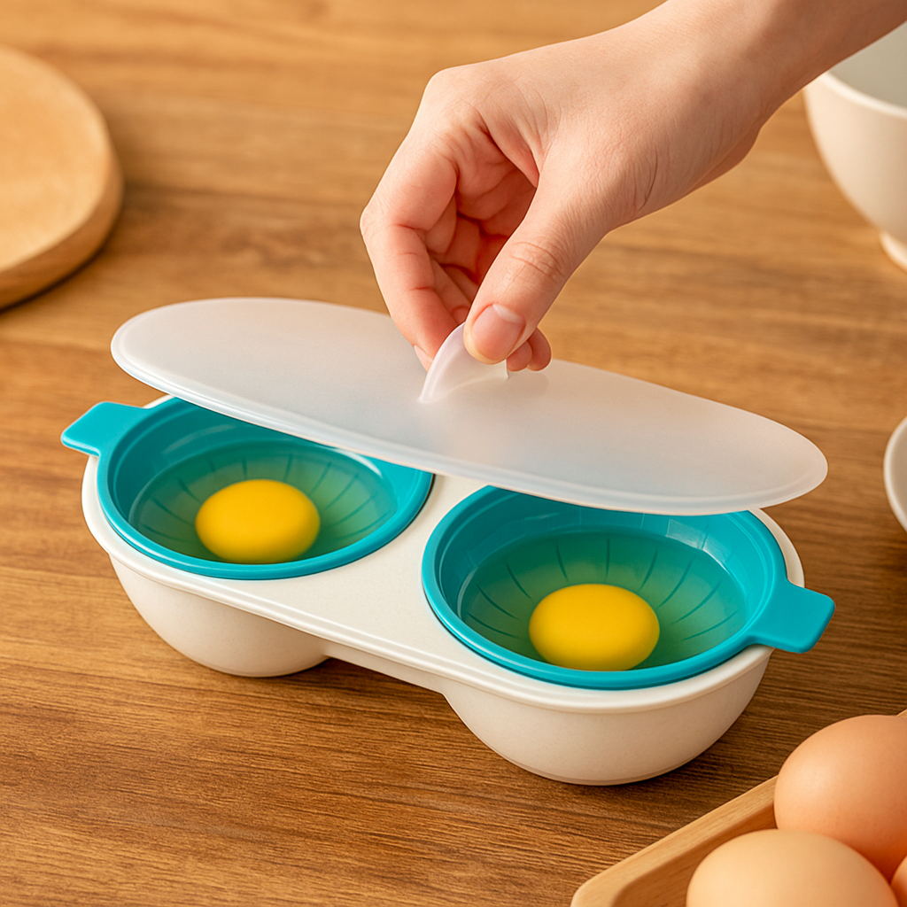 cuiseur oeuf poche table petit dejeuner bleu jaune