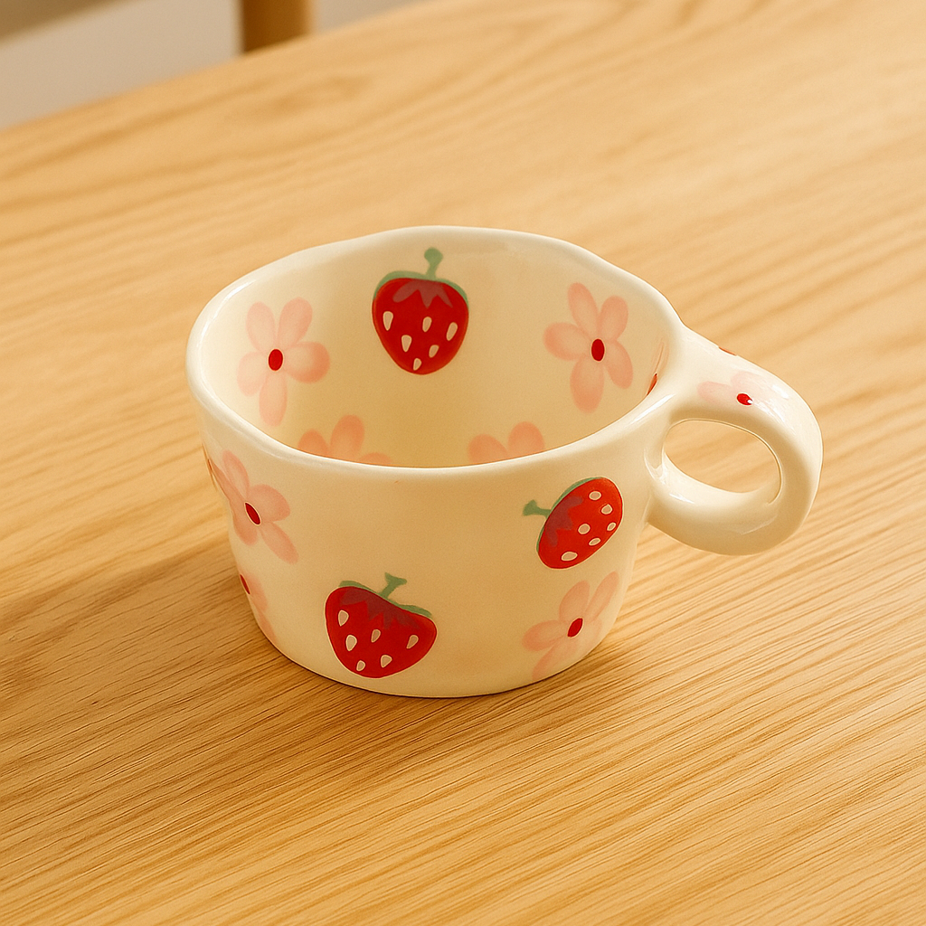 tasses enfant fille fraise table fleur